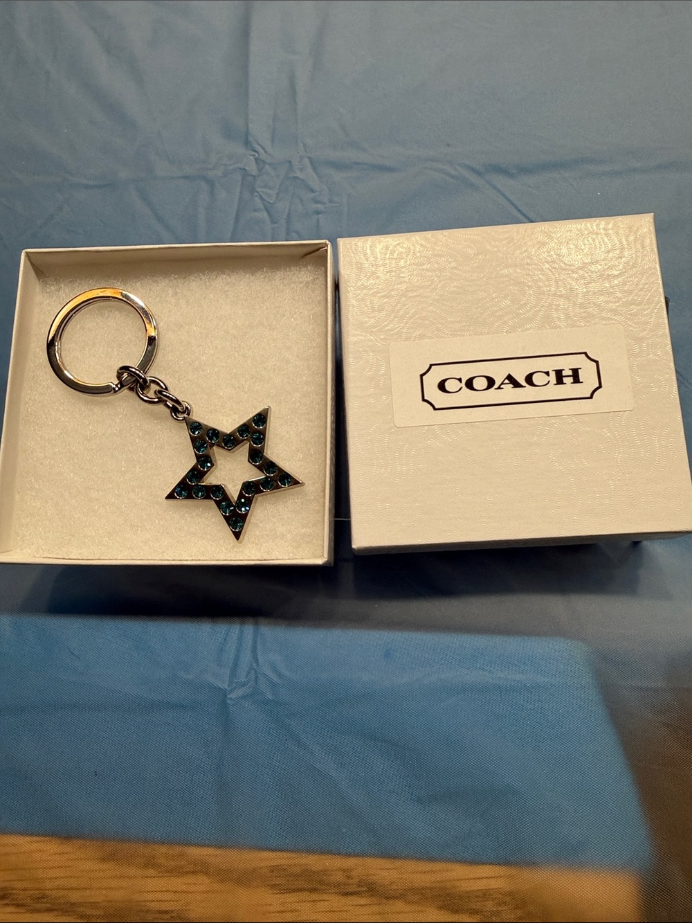 Coach Silver-Tone Star Keychain with Teal Crystals NWOT